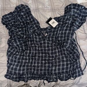 Volcom Navy Plaid Ruffle Blouse